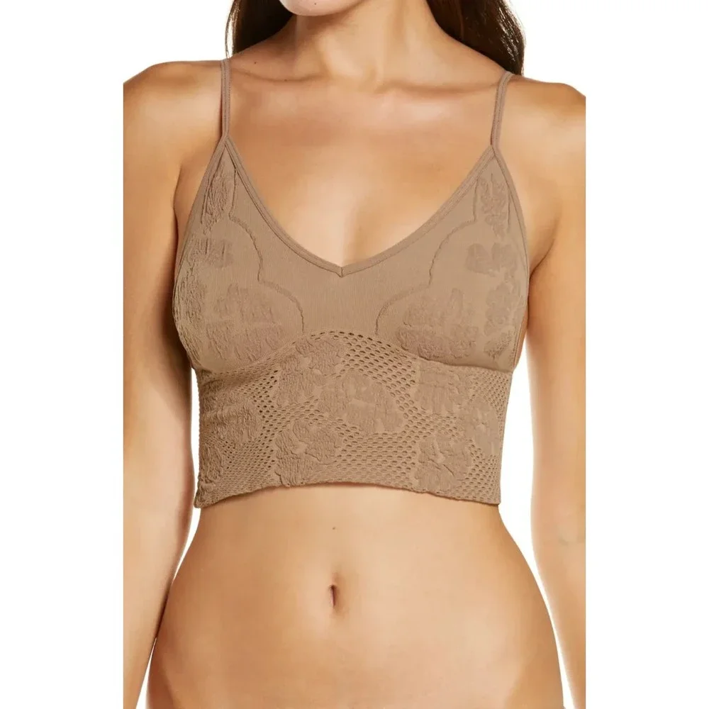 Free People NWT Candy Seamless Bra V Neck Stretchy Textured Bralette Sand XS New